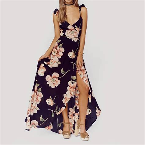Otherlinks Womens Fashion Floral Print Maxi Dress Sexy Deep V Neck Spaghetti Strap High Split