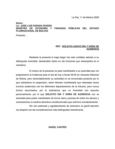 Carta Ministro Solicitud De Audiencia La Paz 11 De Febrero 2020