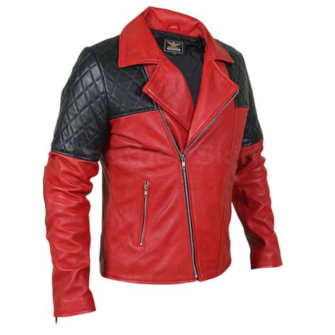 Men Red Genuine Leather Jacket With Black Diamond Quilted Shoulders