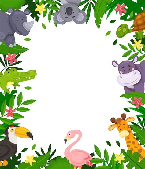 귀여운 아프리카 동물과 열대 잎이 있는 만화 정글 프레임 텍스트 벡터 배경을 위한 공간이 있는 열대우림 테두리의 동물 캐릭터
