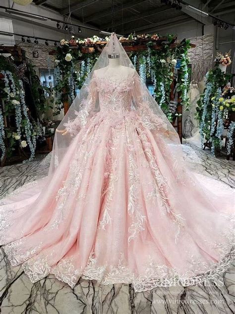 Fairy Pink Feather Princess Dress Long Sleeve Lace Ball Gown Wedding D