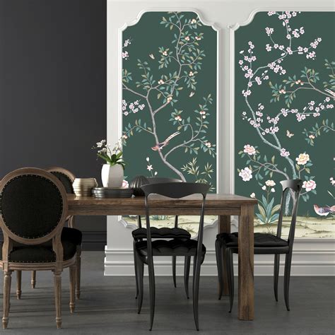 Tempaper Garden Chinoiserie In Jade Panels Scenic Wallpaper Textured