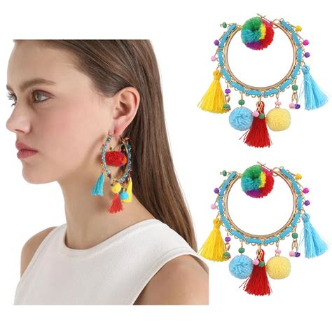 Bohemian Tassel Earrings For Women Ethnic Colorful Pom Dangle