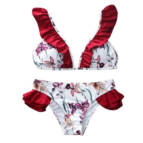 Sexy Women Swimwear Red Ruffles Flower Printing Bikini Set Push Up Padded Bra Bathing Suit