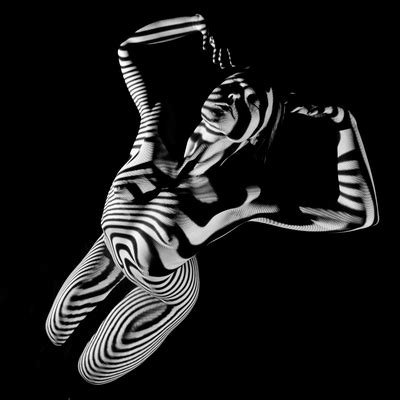 0465s MM Black White Striped Art Nude Kneeling Woman Arched Back Bliss