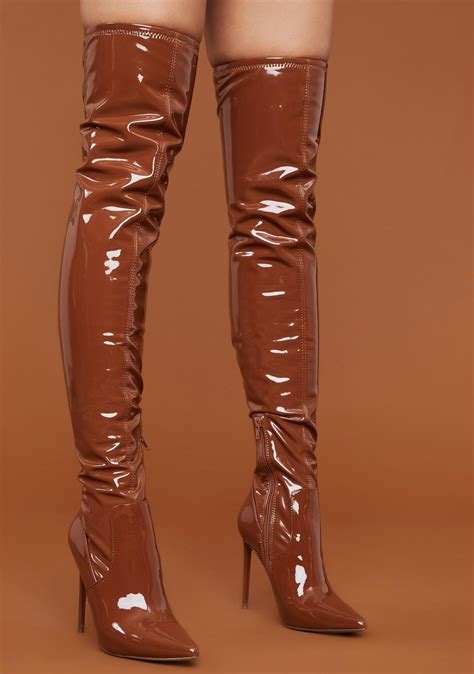 Steve Madden Brown Patent Viktory Knee High Boots Dolls Kill Stiletto Heels Over The Knee
