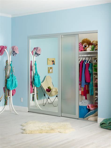 The mirror slides across the room on stationary wheels and a galvanized steel pipe track. Mirror Closet Doors | Mirror closet doors, Sliding glass ...