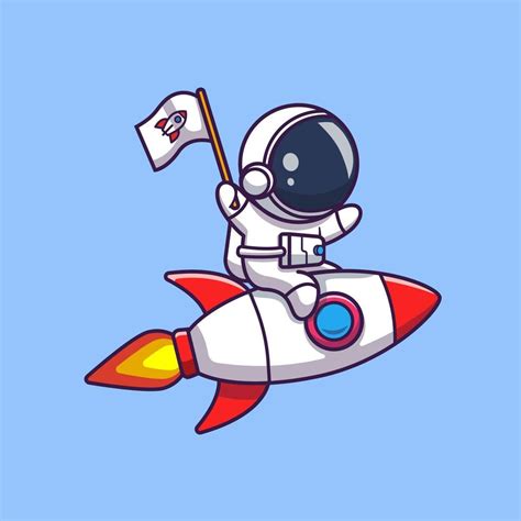 Cute Astronaut Riding Rocket And Holding Flag Cartoon Vector Icon