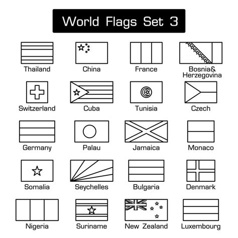 World Flags Set Simple Style And Flat Design Thick Outline