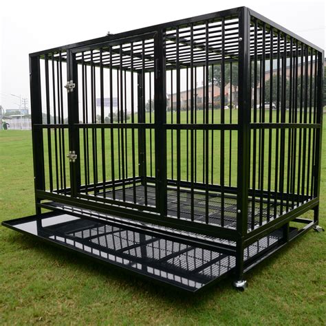 48” Black Heavy Duty Strong Metal Pet Dog Cage Crate Enclosure Wwheels