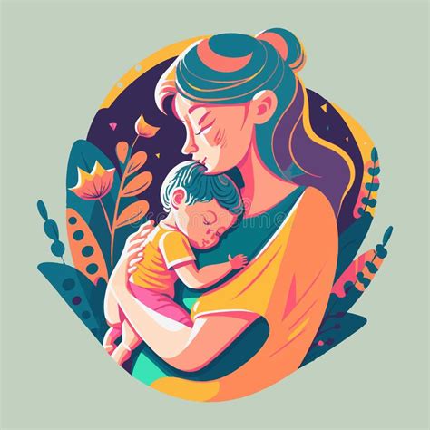 Happy Mother S Day Mom Hug Lovely Baby Floral Background Vector Flat