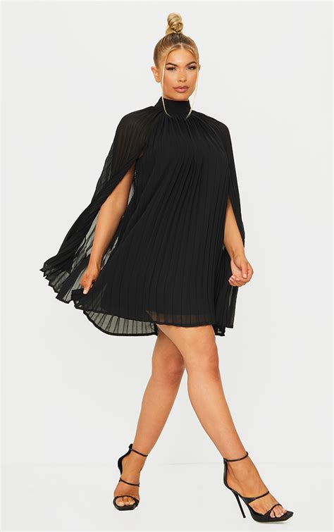 Black Pleated Cape High Neck Shift Dress Prettylittlething Ire