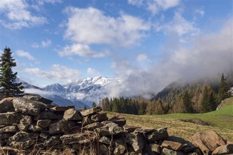 View Over Snowy Alps With An Old Stone Wall And A Green Meadow I Stock