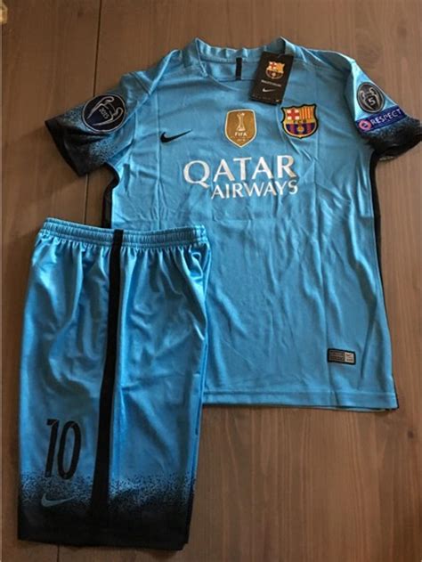 Kids Kit Messi 10 Away Blue Barcelona Barca Champions League Jersey