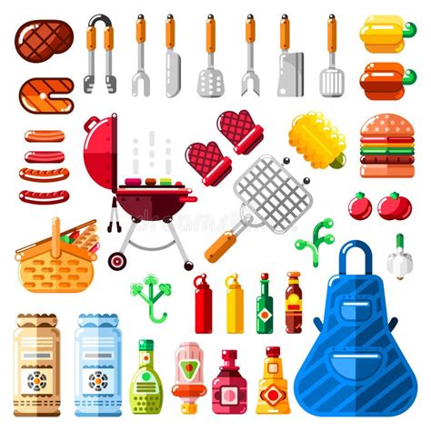 Bbq Grill Vector Sketch Illustration Top View Objects Set Isolated On
