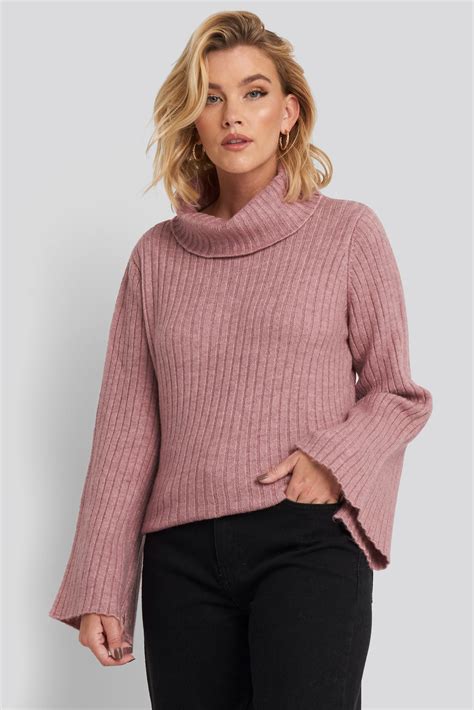 Wide Sleeve Turtleneck Sweater Pink Na