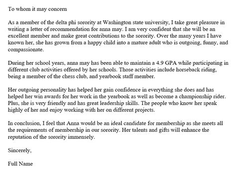 Free Sorority Recommendation Letter Template With Example Purshology