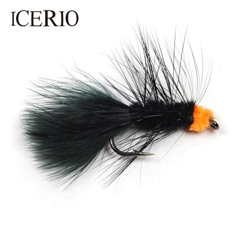 Icerio 8pcs 6 Black Body Orange Egg Sucking Leech Streamer Flies