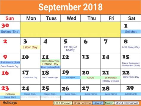 Us Holidays Calendar For September 2018 Us Holiday Calendar