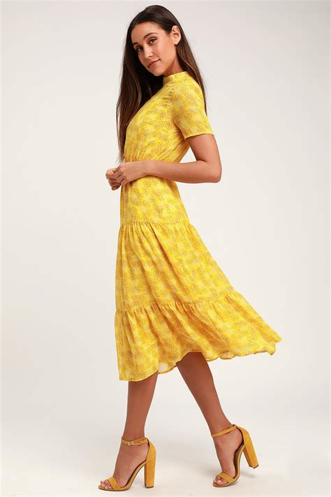 Cute Floral Print Dress Yellow Midi Dress Short Sleeve Dress Lulus