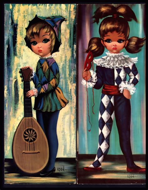 Vintage 1960s Big Eyed Girls Harlequin Moppet Set Of 4