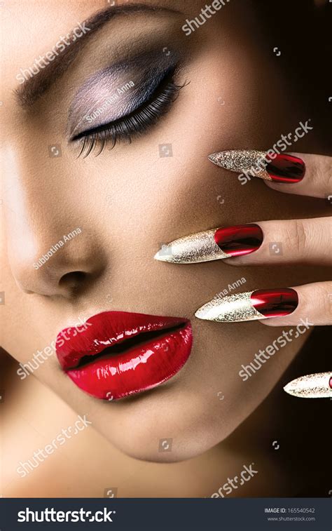 Fashion Beauty Model Girl Manicure And Make Up Nail Art Beautiful Woman With Red Nails And