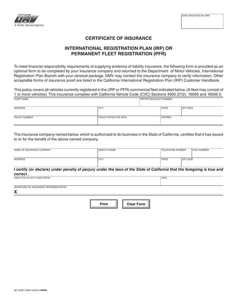Ca Dmv Form Mc 5009 I Certificate Of Insurance Irp Or Pfr Forms