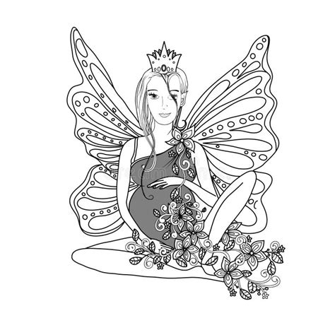 Adult Coloring Book Page With Fairy Pregnant Lady Stock Vector