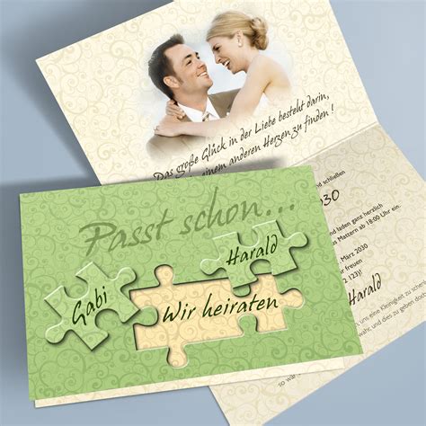 Gestalte deine einladungskarten zur goldenen hochzeit kinderleicht online. Einladungskarten Hochzeit Puzzle - grün Querformat - 1001karte