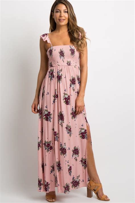 pink floral smocked maxi dress a floral print maxi dress featuring smocked top with a slight