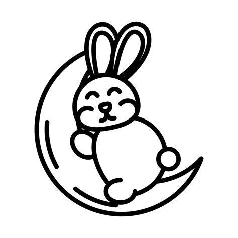 Happy Mid Autumn Festival Cute Bunny Sleeping On Moon Cartoon Line