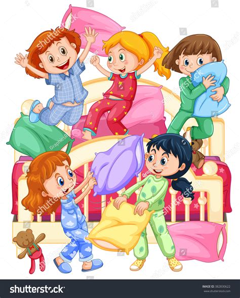 Girls Playing Pillow Fight Slumber Party Stock Vector Royalty Free 382830622 Shutterstock