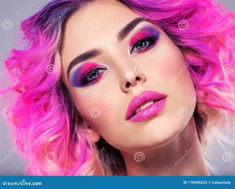 Portrait Of Beautiful Young Woman With Bright Pink Makeup Beautiful