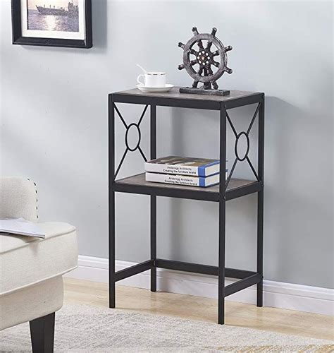 Pine wood, metal and glass construction. Weathered Grey Oak Metal Frame 2-tier Side End Table ...