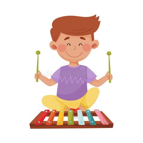 Little Boy Holding Sticks Playing Xylophone Vector Illustration Stock