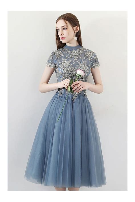 dusty blue short tulle party prom dress with embroidered cap sleeves 119 89 dws78053