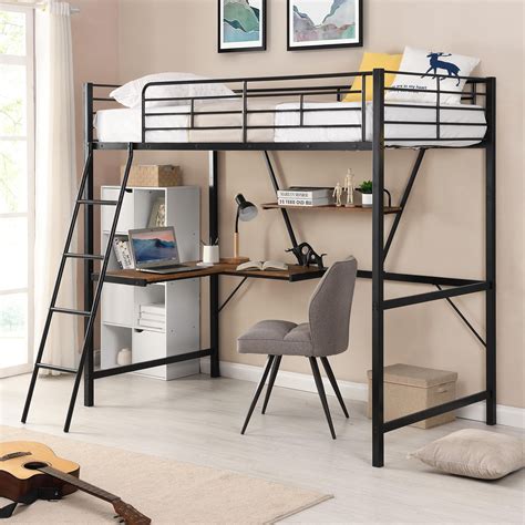 Twin Size Loft Bed With Desk And Ladder Metal Bed Frame For Kids Teens