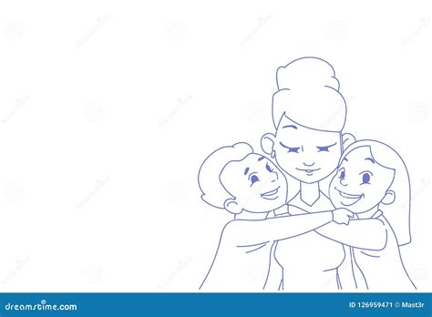 Son Daughter Hugging Their Mom Happy Mother`s Day Concept Children