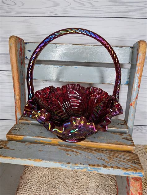 Vintage Fenton Iridescent Red Glass Basket With Handle Signed Etsy