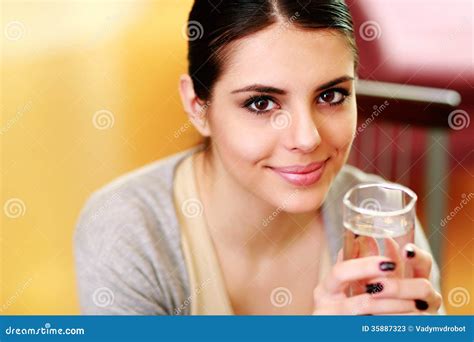 Beautiful Happy Woman Holding Glass With Water Stock Image Image Of Bright Face 35887323