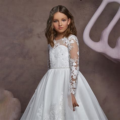 First Communion Dress Long Sleeves White Embroidery Sheer Princess For
