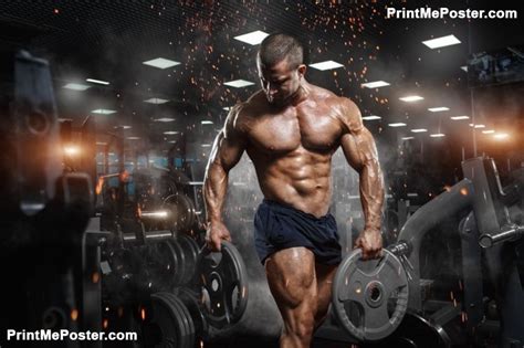 Poster Of Muscular Athletic Bodybuilder Fitness Model Posing After