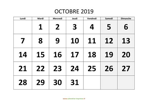 Calendrier Octobre 2019 à Imprimer