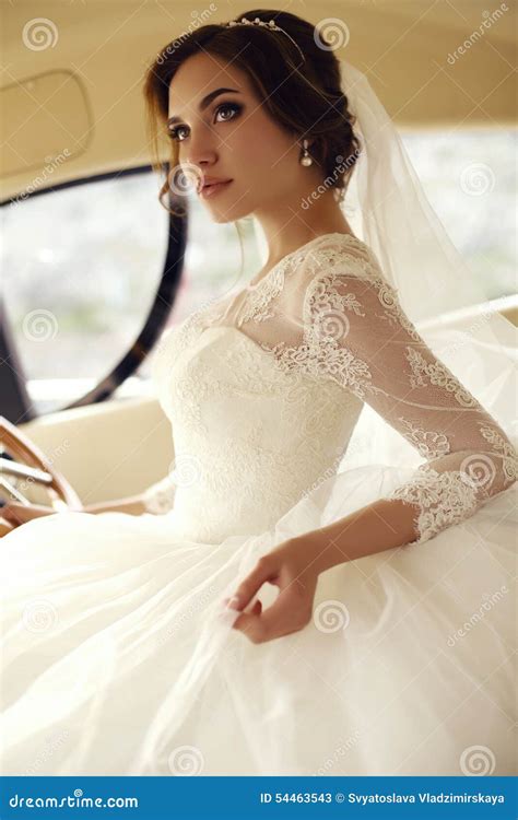 Beautiful Sensual Bride With Dark Hair In Luxurious Lace Wedding Dress Stock Image Image Of
