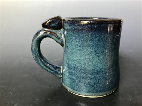Blue Pottery Mug With Thumb Rest Oz Dark Blue Glaze Etsy Pottery