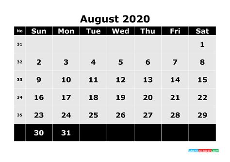 Printable August 2020 Calendar Template Word Pdf