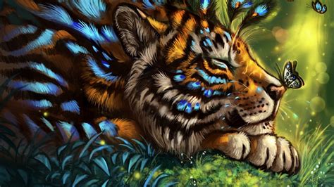 1366x768 Wallpaper Tiger Art Butterfly Muzzle Dream Fabulous