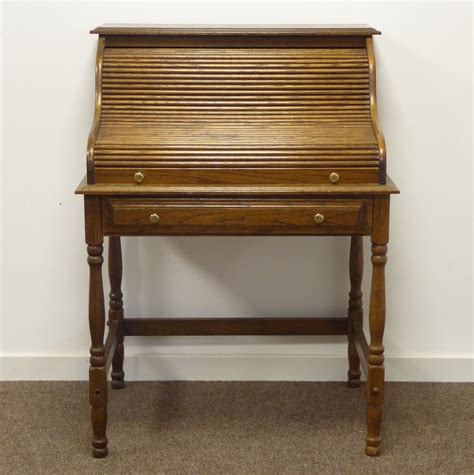20th Century Oak Tambour Roll Top Desk Interior Fitted With Small
