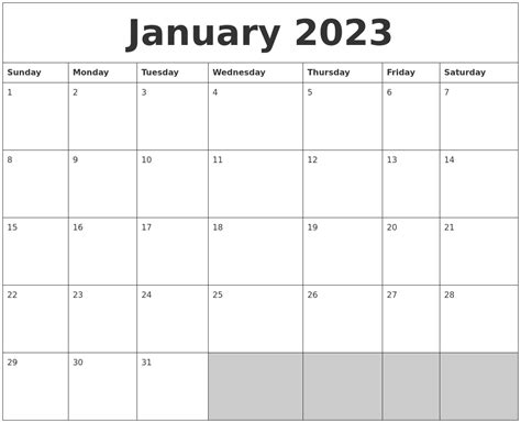 January 2023 Blank Printable Calendar