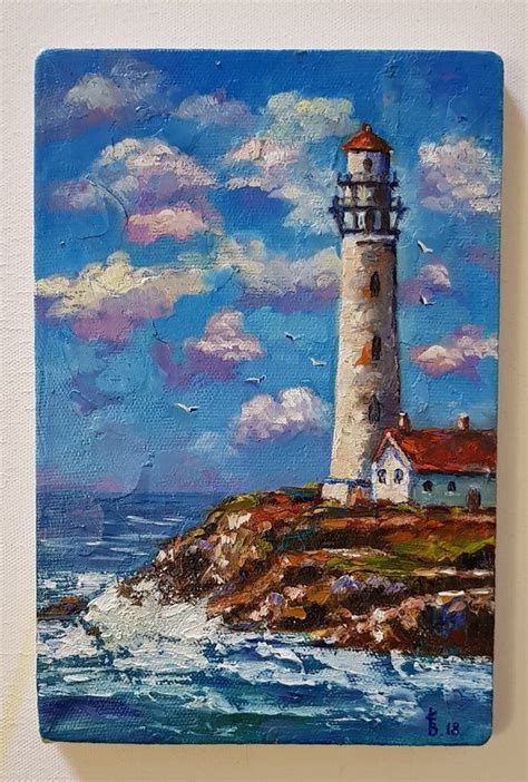 Sea Lighthouse Painting Seascape Portland Head Light Painting Coast Sea